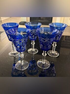 Edo Kiriko Wine Glass Hand Cut Glass Ruby Cobalt Blue Kagami Crystal Lot Of 5